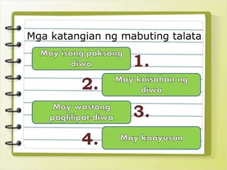 Mga katangian ng mabuting talata
1.
3.
2.
4.
 