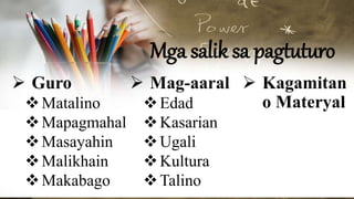 Mga salik sa pagtuturo
 Guro
Matalino
Mapagmahal
Masayahin
Malikhain
Makabago
 Mag-aaral
Edad
Kasarian
Ugali
Kultura
Talino
 Kagamitan
o Materyal
 