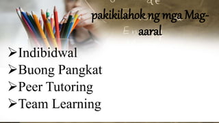 pakikilahok ng mga Mag-
aaral
Indibidwal
Buong Pangkat
Peer Tutoring
Team Learning
 