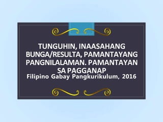 C
TUNGUHIN, INAASAHANG
BUNGA/RESULTA, PAMANTAYANG
PANGNILALAMAN. PAMANTAYAN
SA PAGGANAP
Filipino Gabay Pangkurikulum, 2016
 