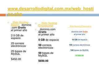 HOSPEDAJE DEL DOMINIOPara que tu sitio web esté disponible para ser visitado por personas en cualquier parte del mundo, es necesario que toda la información se encuentre almacenada en un computador que esté conectado permanentemente a internet.en las siguientes diapositivas se observaran 3 opciones de “hosting”