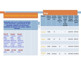   www.desarrollodigital.com.mx/web_hosting.php  Web Hosting Básico   dominio.com Gratisel primer año2.5 GB de espacio25 correos electrónicos25 bases de MySQL$450.00    Web Hosting Empresarial  dominio.com Gratisel primer año5 GB de espacio50 correos electrónicos50 bases de MySQL$690.00
