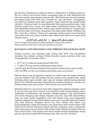 dan rasul-Nya. Pemahaman ini tidak bisa diterima. Sebagaimana At-Thabarani dalam AlMu’jam Al-Kabir meriwayatkan bahwa sesungguhnya pada era Nabi Muhammad Saw
ada orang munafik yang menyakiti orang mu’min. “Marilah bersama-sama kita memohon
pertolongan kepada Nabi SAW dari si munafik itu,” ajak Abu Bakar. “Sesungguhnya
saya tidak bisa dijadikan tempat untuk memohon. Hanya Allah lah yang menjadi tempat
memohon.” Pengertian hadits ini yang dikehendaki Nabi adalah pengertian kedua. Yakni
meminta kepada beliau sesuatu yang tidak mampu melakukannya kecuali Allah. Jika
tidak dikehendaki pengertian kedua, buktinya para sahabat memohon do’a kepada beliau
dan meminta hujan lewat beliau sebagaimana keterangan dalam Shahih Al Bukhari dari
Ibnu ‘Umar RA, ia berkata, “Kadang aku mengingat seorang penyair seraya kupandang
wajah Nabi SAW yang sedang memohon hujan. Maka beliau tidak turun sampai talang
mengalir airnya.”

‫را‬

‫لا‬

::

‫م‬

‫ا‬

‫وأ‬

Figur berwajah putih dimana mendung dimintakan hujan berkat dirinya
Sang pemelihara anak-anak yatim dan pelindung para janda
KATA-KATA YANG DIGUNAKAN YANG TERDAPAT DALAM MASALAH INI
Terdapat kata-kata yang digunakan untuk memuji Nabi SAW yang menyebabkan
kesamaran bagi sebagian golongan Wahabi kemudian mereka memvonis kufur yang
mengucapkannya. Di antaranya seperti :
(.. ‫ء إ ه‬
(..
(
‫ا‬
(‫أ ل‬

‫ )و‬Tidak ada harapan kecuali Nabi SAW
‫ )وأ‬Saya meminta perlindungan kepada beliau
‫ع‬
‫ )وإ‬Hanya kepada beliau tempat berlindung dalam segala musibah
‫ )وإن‬Jika saya bimbang maka kepada siapa saya meminta?

Maksud mereka yang menggunakan ungkapan ini adalah tidak ada tempat berlindung
yang dari makhluk, tidak ada harapan yang dari manusia, hanya kepada beliau tempat
berlindung dalam segala musibah, yakni yang dari kalangan makhluk karena kemuliaan
beliau di sisi Allah dan agar beliau bertawajjuh dan memohon kepada-Nya, dan jika saya
bimbang kepada siapa saya meminta? Yakni yang dari para hamba Allah.
Meskipun dalam do’a dan tawassul kami tidak menggunakan ungkapan-ungkapan seperti
di atas dan kami juga tidak mengajak serta mendorong untuk menggunakannya karena
menghindari kesalahfahaman dan menjauhi ungkapan-ungkapan yang diperselisihkan
serta karena berpegang teguh dengan ungkapan yang jelas yang tidak diperselisihkan,
hanya saja kami menilai menjatuhkan vonis kufur kepada orang yang menggunakan
ungkapan-ungkapan tersebut adalah tindakan tergesa-gesa yang tidak terpuji dan tindakan
yang tidak bijaksana. Mengapa? Karena kita harus melihat fakta bahwa yang
mengungkapkannya adalah dari kalangan yang mengesakan Allah, bersaksi bahwa tiada
Tuhan kecuali Dia dan Muhammad adalah rasul-Nya, mendirikan shalat, membenarkan
semua rukun agama, percaya kepada Allah sebagai Tuhan, Muhammad sebagai Nabi, dan
Islam sebagai agama. Yang dengan semua hal ini mereka memiliki perlindungan sebagai
pemeluk agama dan memperoleh kehormatan Islam. Dari Anas RA, ia berkata :
104

 