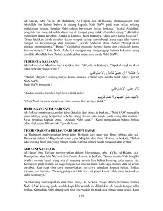 Al-Bazzar, Abu Ya’la, At-Thabarani, Al-Hakim dan Al-Baihaqi meriwayatkan dari
Abdullah ibn Zubair bahwa ia datang kepada Nabi SAW pada saat beliau sedang
melakukan bekam. Setalah Nabi selesai berbekam beliau berkata, “Wahai Abdullah,
pergilah dan tumpahkanlah darah ini di tempat yang tidak diketahui orang.” Abdullah
meminum darah tersebut. Ketika ia kembali Nabi bertanya, “Apa yang kamu lakukan?”
“Saya letakkan darah tersebut dalam tempat paling tersembunyi yang saya tahu bahwa
tempat itu tersembunyi dari manusia,” jawab Abdullah ibnu Zubair. “Mungkinkah
engkau meminumnya.”“Benar.”“Celakalah manusia karena kamu dan celakalah kamu
karena mereka,” kata Nabi. Akhirnya orang-orang menganggap bahwa kekuatan yang
dimiliki Abdullah ibnu Zubair adalah akibat meminum darah Nabi SAW.
TIDURNYA NABI SAW
Al-Bukhari dan Muslim meriwayatkan dari ‘Aisyah, ia bertanya, “Apakah engkau akan
tidur sebelum shalat witir ?”

‫م‬

‫نو‬

ّ

‫! إن‬

“Wahai ‘Aisyah ! sesungguhnya kedua mataku tertidur tapi hatiku tidak tidur,” jawab
Nabi SAW.
Nabi SAW bersabda :

‫م‬

‫و‬

‫م‬

“Kedua mataku tertidur tapi hatiku tidak tidur”

‫م‬

‫و‬

‫ء مأ‬

‫ا‬

“Para Nabi itu mata mereka tertidur namun hati mereka tidak.”
HUBUNGAN INTIM NABI SAW
Al-Bukhari meriwayatkan dari jalur Qatadah dari Anas, ia berkata, “Nabi SAW menggilir
para istrinya yang berjumlah sebelas orang dalam satu waktu pada siang dan malam.”
Saya bertanya kepada Anas, “Apakah Nabi kuat?” “Kami mengatakan bahwa beliau
diberi kekuatan 30 laki-laki,” jawab Anas.
TERHINDARNYA BELIAU DARI MIMPI BASAH
At-Thabarani meriwayatkan lewat jalur ‘Ikrimah dari Anas dan Ibnu ‘Abbas, dan AdDinawari dalam Al-Mujalasah lewat jalur Mujahid dari Ibnu ‘Abbas, ia berkata, “Tidak
ada seorang Nabi pun yang mimpi basah. Karena mimpi basah hanyalah dari syetan.”
AIR SENI NABI SAW
Al-Hasan ibnu Sufyan meriwayatkan dalam Musnadnya, Abu Ya’la, Al-Hakim, AdDaruquthni, dan Abu Nu’aim dari Ummu Aiman, ia berkata, “Suatu malam Nabi bangkit
berdiri menuju kendi yang ada di samping rumah lalu beliau kencing pada tempat itu.
Kemudian pada malam itu saya bangun dan merasa haus. Lalu saya minum dari isi kendi
tersebut. Saat pagi tiba saya menceritakan peristiwa semalam kepada beliau. Beliau
tertawa dan berkata, “Sesungguhnya setelah hari ini perut kamu tidak akan merasakan
sakit selamanya.”
‘Abdurrazaq meriwayatkan dari Ibnu Juraij, ia berkata, “Saya diberi informasi bahwa
Nabi SAW kencing pada wadah kayu lalu wadah itu diletakkan di bawah tempat tidur
beliau. Kemudian Nabi datang tapi tiba-tiba wadah itu tidak ada isinya sama sekali. Lalu
129

 