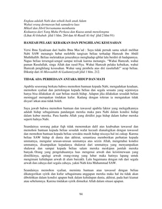 Engkau adalah Nabi dan sebaik-baik anak Adam
Wahai orang dermawan bak samudera luas
Mikail dan Jibril bersamamu membantu
Keduanya dari Yang Maha Perkasa dan Kuasa untuk menolongmu
(Lihat Al-Ishabah jilid 1 hlm. 264 dan Al-Raudl Al-Anf jilid 2 hlm 91)
HAMZAH PELAKU KEBAIKAN DAN PENGHILANG KESUSAHAN
Versi Ibnu Syadzaan dari hadits Ibnu Mas’ud : Saya tidak pernah sama sekali melihat
Nabi SAW menangis hebat melebihi tangisan beliau terhadap Hamzah ibn Abdil
Muththallib. Beliau meletakkan jenazahnya menghadap qiblat lalu berdiri di hadapannya.
Napas beliau tersengal-sengal sampai terisak karena menangis. “Wahai Hamzah, wahai
paman Rasulullah, singa Allah dan rasul-Nya. Wahai Hamzah pelaku kebaikan, wahai
Hamzah penghilang kesusahan. Wahai sang pembela atas diri rasulullah!” ucap beliau.
Dikutip dari Al-Mawaahib Al-Ladunniyyah jilid 1 hlm. 212.
TIDAK ADA PERBEDAAN ANTARA HIDUP DAN MATI
Apabila seseorang berkata bahwa memohon bantuan kepada Nabi, mengadukan keadaan,
memohon syafaat dan pertolongan kepada beliau dan segala sesuatu yang sejenisnya
hanya bisa dilakukan di saat beliau masih hidup. Adapun jika dilakukan sesudah beliau
meninggal merupakan tindakan kufur. Kadang dengan toleran ia mengatakan tidak
disyari’atkan atau tidak boleh.
Saya jawab bahwa memohon bantuan dan tawassul apabila faktor yang melegalkannya
adalah hidup sebagaimana pandangan mereka maka para Nabi dalam kondisi hidup
dalam kubur mereka. Para hamba Allah yang diridloi juga hidup dalam kubur mereka
seperti halnya Nabi.
Seandainya seorang pakar fiqh tidak menemukan dalil atas keabsahan tawassul dan
memohon bantuan kepada beliau sesudah wafat kecuali dianalogikan dengan tawassul
dan memohon bantuan kepada beliau sewaktu masih hidup niscaya hal ini cukup. Karena
beliau SAW hidup di dunia dan akhirat, senantiasa memberikan perhatian kepada
ummatnya, mengatur urusan-urusan ummatnya atas seizin Allah, mengetahui kondisi
ummatnya, disampaikan kepadanya shalawat dari ummatnya yang menyampaikan
shalawat dan sampai kepada beliau salam mereka meskipun jumlah mereka
banyak. Orang yang pengetahuannya luas mengenai arwah dan keistimewaan yang
dimilikinya, apalagi arwah orang-orang yang luhur maka hatinya lapang untuk
mengimani kehidupan arwah di alam barzakh. Lalu bagaimana dengan ruh dari segala
arwah dan cahaya dari segala cahaya, yakni Nabi kita Muhammad SAW.
Seandainya memohon syafaat, meminta bantuan atau tawassul dengan beliau
dikategorikan syirik dan kufur sebagaimana anggapan mereka maka hal itu tidak akan
dibolehkan dalam kondisi apapun baik dalam kehidupan dunia, akhirat, pada hari kiamat
atau sebelumnya. Karena tindakan syirik dimurkai Allah dalam situasi apapun.

94

 