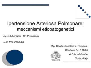 





PAH: Meccanismi Etiopatogenetici
Ipertensione Arteriosa Polmonare:
meccanismi etiopatogenetici
Dr. D.Libertucci Dr. P.Solidoro
S.C. Pneumologia
Dip. Cardiovascolare e Toracico
Direttore Dr. S.Baldi
A.O.U. Molinette
Torino-Italy
 