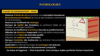 PATHOLOGIES
CAUSES DE DEGRADATION – MURS
- Absence d’étude de sol qui entraine une conception hasardeuse;
- Dimensionnement insuffisant du mur et des fondation notamment
en zone sismique;
- Absence ou insuffisante de drainage;
- Manque de rigidité des fondations ou portance faible du sol
d’assise, ou ancrage insuffisant;
- Absence ou insuffisance d’armature mauvais ou positionnement;
- Utilisation de Matériaux inapproprié (blocs de béton,maçonnerie)
- Utilisation d’un béton de mauvaise qualité ;
- Utilisation de matériaux non normalisés;
- Manque d’entretien des barbacane qui entraine l’accumulation
des eaux derrière le mur;
- Application en tête de l'ouvrage de surcharges non prévues;
- Remblaiement prématuré ou éxcessivement compacté ;
Ce risque est aggraver : - Pluie importante- Zone sismique-Argiles gonflante-Hauteur importante
 