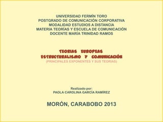 UNIVERSIDAD FERMÍN TORO
POSTGRADO DE COMUNICACIÓN CORPORATIVA
MODALIDAD ESTUDIOS A DISTANCIA
MATERIA TEORÍAS Y ESCUELA DE COMUNICACIÓN
DOCENTE MARÍA TRINIDAD RAMOS

TEORIAS EUROPEAS
ESTRUCTURALISMO Y COMUNICACIÓN
(PRINCIPALES EXPONENTES Y SUS TEORIAS)

Realizado por:
PAOLA CAROLINA GARCÍA RAMÍREZ

MORÓN, CARABOBO 2013

 
