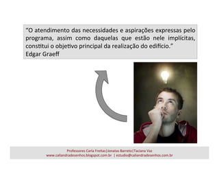 Professores	
  Carla	
  Freitas|Jonatas	
  Barreto|Taciana	
  Vaz	
  
www.caliandradesenhos.blogspot.com.br	
  	
  |	
  estudio@caliandradesenhos.com.br	
  
“O	
  atendimento	
  das	
  necessidades	
  e	
  aspirações	
  expressas	
  pelo	
  
programa,	
   assim	
   como	
   daquelas	
   que	
   estão	
   nele	
   implícitas,	
  
consatui	
  o	
  objeavo	
  principal	
  da	
  realização	
  do	
  ediUcio.”	
  
Edgar	
  Graeﬀ	
  
 