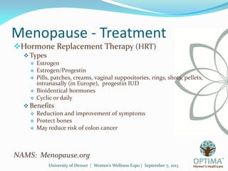 University of Denver | Women’s Wellness Expo | September 7, 2013
Menopause - Treatment
Hormone Replacement Therapy (HRT)
...