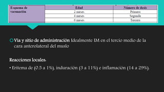 Vía y sitio de administración Idealmente IM en el tercio medio de la
cara anterolateral del muslo
Reacciones locales:
• Eritema de (0.5 a 1%), induración (3 a 11%) e inflamación (14 a 29%).
 