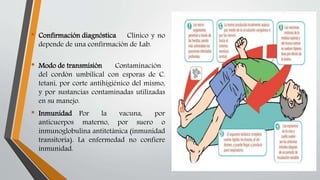 • Confirmación diagnóstica Clínico y no
depende de una confirmación de Lab.
• Modo de transmisión Contaminación
del cordón umbilical con esporas de C.
tetani, por corte antihigiénico del mismo,
y por sustancias contaminadas utilizadas
en su manejo.
• Inmunidad Por la vacuna, por
anticuerpos materno, por suero o
inmunoglobulina antitetánica (inmunidad
transitoria). La enfermedad no confiere
inmunidad.
 