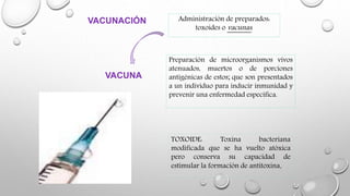 VACUNACIÓN
VACUNA
Administración de preparados:
toxoides o vacunas.
Preparación de microorganismos vivos
atenuados, muertos o de porciones
antigénicas de estos; que son presentados
a un individuo para inducir inmunidad y
prevenir una enfermedad específica.
TOXOIDE: Toxina bacteriana
modificada que se ha vuelto atóxica
pero conserva su capacidad de
estimular la formación de antitoxina.
 