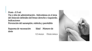 Dosis : 0.5 ml.
Vía y sitio de administración : Subcutánea en el área
del músculo deltoides del brazo derecho o izquierdo,
Indicaciones
Prevención del sarampión, rubéola y parotiditis
Esquema de vacunación Edad Número de
dosis
12 meses Dosis única
 