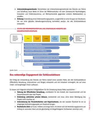 •	 Unterscheidungsmerkmale: Hervorheben der Unterscheidungsmerkmale des Strands von Palma
           und Schaffung neuer Werte im Sinne der Mittelmeerkultur mit dem Schwerpunkt Nachhaltigkeit,
           Innovation und Erlebnistourismus, um Mehrwertvorteile gegenüber anderen Wettbewerbern zu
           schaffen.
        •	 Ordnung: Entwicklung eines Erlebnisordnungssystems, ausgerichtet an einer Gruppe von Strukturen,
           die von einer globalen Verwaltungseinrichtung kontrolliert werden, die alle Schlüsselakteure
           einbezieht.

             STUFEN DER MEHRWERTSCHÖPFUNG UND STRATEGISCHE KONZEPTE DES
             GESAMTAUFWERTUNGSPLANS




Quelle: Everis


Das notwendige Engagement der Schlüsselakteure
Der Erfolg der Umwandlung des Strands von Palma bedarf eines sozialen Pakts, der alle Schlüsselakteure
(Öffentliche Verwaltung, Unternehmen und Bürger) einbezieht und mit Initiativen einhergeht, die auf einer
mittel- und langfristigen Vision aufbauen.

Es lassen sich folgende kritischen Erfolgsfaktoren für die Umsetzung dieses Pakts ausmachen::
       •	 Führung der Öffentlichen Verwaltung, unerlässlich für den Anstoß, den Zusammenhalt und die
          Gesamtübersicht über das Projekt.
       •	 Einbindung zahlreicher privater Akteure, existierende und neue, ohne deren Beteiligung das
                                                                                                               Platja de Palma / 111




          Projekt nicht machbar ist.
       •	 Unterstützung der Persönlichkeiten und Organisationen, die den sozialen Rückhalt für ein so
          ehrgeiziges Veränderungsprojekt zum Ausdruck bringen.
       •	 Realistische Ziele auf kurze, mittlere und lange Sicht, mit denen sich die Veränderungsdynamik von
          Anfang an ausnutzen lässt und die gleichzeitig mit längerfristigeren Sichtweisen vereinbar sind.
 