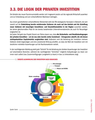 3.3. DIE LOGIK DER PRIVATEN INVESTITION
Die Vorteile des neuen Tourismusmodells werden sich insgesamt positiv auf die regionale Wirtschaft auswirken
und zur Entwicklung und zum wirtschaftlichen Wachstum beitragen.

Aus einem ganzheitlichen wirtschaftlichen Blickwinkel zieht der PAI strategische Konzepte in Betracht, die sich
sowohl auf die Entwicklung bereits existierender Sektoren als auch auf den Antrieb und die Schaffung
neuer Sektoren mit neuartigen Investitions- und Geschäftsmodellen in der Region auswirken werden,
bei denen gleichermaßen Platz für die bereits bestehenden Unternehmensbereiche als auch für Neuanleger
vorgesehen ist.
Auf jeden Fall geht das Projekt Strand von Palma davon aus, dass die Sicherheits- und Renditebedingungen
der privaten Investition – sei sie neu oder bereits vorher bestehend – Ertragsraten abwirft, die mit denen
nichtspekulativer Kapitalmärkte vergleichbar sind. Außerdem wird die Verteilung der Investition mehrere
Sektoren direkt begünstigen und eine anziehende Wirkung schaffen, so dass der Wert der Investition sich mit
deutlichen indirekten Auswirkungen auf die Nachbarsektoren verteilt.

In der nachfolgenden Abbildung steht jede “Schicht” für die Verteilung der direkten Auswirkungen der Investition
auf verschiedene Branchen, während die nachfolgenden “Schichten” mögliche Aufspaltungen (zu lesen von
innen nach außen) bzw. Zusammenfügungen (umgekehrt zu lesen) in bzw. zu Untersektoren zeigt.

             DIREKTE AUSWIRKUNG DER INVESTITION NACH BRANCHEN

                                                              ITK-Leistungen
                                                                 Transport
                                                                    Wasser und Abfälle


                                                                Energie
                           Boden- verwaltung
                                                       Leistungen
                                                          Stadt


                                                                           Handel +
                                                                            Freizeit




                             Wohnen
                                                               Tourismus

                                               Bauwesen
                                                                                                                   Platja de Palma / 123




                                                                HOTELS




Quelle: Everis
 