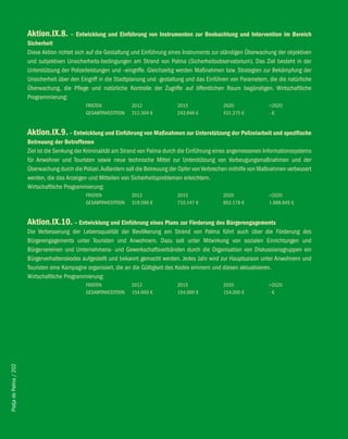Aktion.iX.8.       – entwicklung und einführung von instrumenten zur beobachtung und intervention im bereich
                        Sicherheit
                        Diese Aktion richtet sich auf die Gestaltung und Einführung eines Instruments zur ständigen Überwachung der objektiven
                        und subjektiven Unsicherheits-bedingungen am Strand von Palma (Sicherheitsobservatorium). Das Ziel besteht in der
                        Unterstützung der Polizeileistungen und –eingriffe. Gleichzeitig werden Maßnahmen bzw. Strategien zur Bekämpfung der
                        Unsicherheit über den Eingriff in die Stadtplanung und -gestaltung und das Einführen von Parametern, die die natürliche
                        Überwachung, die Pflege und natürliche Kontrolle der Zugriffe auf öffentlichen Raum begünstigen. Wirtschaftliche
                        Programmierung:
                                                FRISTEN             2012              2015                2020               >2020
                                                GESAMTINVESTITION   312.304 €         243.946 €           431.275 €          -€


                        Aktion.iX.9. – entwicklung und einführung von Maßnahmen zur Unterstützung der Polizeiarbeit und spezifische
                        betreuung der betroffenen
                        Ziel ist die Senkung der Kriminalität am Strand von Palma durch die Einführung eines angemessenen Informationssystems
                        für Anwohner und Touristen sowie neue technische Mittel zur Unterstützung von Vorbeugungsmaßnahmen und der
                        Überwachung durch die Polizei. Außerdem soll die Betreuung der Opfer von Verbrechen mithilfe von Maßnahmen verbessert
                        werden, die das Anzeigen und Mitteilen von Sicherheitsproblemen erleichtern.
                        Wirtschaftliche Programmierung:
                                                FRISTEN             2012              2015                2020               >2020
                                                GESAMTINVESTITION   319.566 €         710.147 €           852.176 €          1.668.845 €


                        Aktion.iX.10. – entwicklung und einführung eines Plans zur förderung des bürgerengagements
                        Die Verbesserung der Lebensqualität der Bevölkerung am Strand von Palma führt auch über die Förderung des
                        Bürgerengagements unter Touristen und Anwohnern. Dazu soll unter Mitwirkung von sozialen Einrichtungen und
                        Bürgervereinen und Unternehmens- und Gewerkschaftsverbänden durch die Organisation von Diskussionsgruppen ein
                        Bürgerverhaltenskodex aufgestellt und bekannt gemacht werden. Jedes Jahr wird zur Hauptsaison unter Anwohnern und
                        Touristen eine Kampagne organisiert, die an die Gültigkeit des Kodex erinnern und diesen aktualisieren.
                        Wirtschaftliche Programmierung:
                                                FRISTEN             2012              2015                2020               >2020
                                                GESAMTINVESTITION   154.000 €         154.000 €           154.000 €          -€
Platja de Palma / 202
 