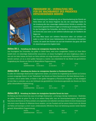 PROGRAMM Xii – veRwAlTUNG DeS
                                                               fÜR Die MAchbARKeiT DeS PROJeKTeS
                                                               eNTScheiDeNDeN bODeNS
                                                               Nach Ausarbeitung der Stadtplanung, die zur Gesamtaufwertung des Strands von
                                                               Palma führen soll, hat dieses Programm das Ziel, den notwendigen Boden für
                                                               die Umsetzung aller dazu notwendigen städtebaulichen Schritte zu verwalten. Die
                                                               verschiedenen geplanten Aktionen tragen zur Umsetzung der strategischen Schritte
                                                               für das Feuchtgebiet Ses Fontanelles, den Bereich La Porciúncula-Canteras und
                                                               den Torrent des Jueus sowie zu den selektiven Auflockerungen der Stadtkerne der
                                                               Region bei.
                                                               Auf diese Weise lassen sich verfallene Naturräume retten und schützen und
                                                               zudem zu einem Teil der neuen Gebietsstruktur mit verschiedenen Atmosphären
                                                               machen, die sowohl dem Touristen als auch den Anwohnern das ganze Jahr über
                                                               ein abwechselungsreiches Angebot bietet.

                        Aktion.Xii.1. – verwaltung des bodens der strategischen Operation Ses fontanelles
                        Das Feuchtgebiet Ses Fontanelles, das größte im Gebiet Palma, weist einen mangelhaften Zustand auf. Diese Aktion
                        besteht darin, de notwendigen Bodenschritte vorzunehmen, um dieses Feuchtgebiet und seine Umgebung zu retten, in
                        dem sich der letzte Salzsee der Bucht von Palma befindet und einige Exemplare der endemischen Pflanzenart Limonium
                        barceloi wachsen, um es zu einem großen Naturpark zu machen, was entscheidend für das Modell der ganzheitlichen
                        Umgestaltung des Strands von Palma ist. Wirtschaftliche Programmierung:
                                                FRISTEN             2012              2015                2020               >2020
                                                GESAMTINVESTITION   15.400.000 €      23.100.000 €        -€                 -€


                        Aktion.Xii.2. – verwaltung des bodens der strategischen Operation la Porciúncula-canteras
                        Es sollen die notwendigen Bodenschritte vorgenommen werden, um zunächst die Umgestaltung des Gebiets Las Canteras
                        zu einem einzigartigen Bereich mit den “Kathedralen” des Strands von Palma (Sportzentrum, Bio-Hotel, Wellness-Center…)
                        zu machen, und an zweiter Stelle, um Boden in dem großen Naturgebiet La Porciúncula freizugeben, um dies strategisch
                        mit dem Meer zu verbinden, was zu den Schlüsseln des ganzheitlichen Umstrukturierungsmodells des Strands von Palma
                        gehört. Wirtschaftliche Programmierung:
                                                FRISTEN             2012              2015                2020               >2020
                                                GESAMTINVESTITION   69.158.320 €      103.737.480 €       -€                 -€


                        Aktion.Xii.3. –verwaltung des bodens der strategischen Operation Torrent des Jueus
                        Die Rettung des Stroms Torrent des Jueus mit wichtigen Küstenpinien- und Garrigue (Garriga mediterranea) – Beständen,
                        der großes Potential als grüner Flur hat, ist ein weiterer Beleg dafür, dass der Gesamtaufwertungsplan die wertvollen
                        Naturräume des Strands von Palma schützen und umgestalten wird. Außerdem wird dieses Gebiet mit einem Skulpturenpark
Platja de Palma / 206




                        und einem neuen Museum für Mittelmeer-Kunst versehen, und das Flussbett wird bei seinem Verlauf durch die Strände
                        von Palma und Llucmajor zu einem neuen, emblematischen öffentlichen Raum der Verbindung zwischen beiden Bezirken
                        gemacht. Wirtschaftliche Programmierung:
                                                FRISTEN             2012              2015                2020               >2020
                                                GESAMTINVESTITION   148.210 €         18.526 €            18.526 €           -€
 