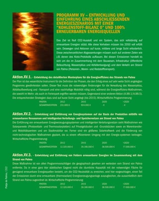 PROGRAMM Xv – eNTwicKlUNG UND
                                                                 eiNfÜhRUNG eiNeS AbSchlieSSeNDeN
                                                                 eNeRGieSZeNARiOS MiT eiNeR
                                                                 “KOhleNSTOff-bilANZ 0” UND 100%
                                                                 eRNeUeRbAReN eNeRGieqUelleN
                                                                 Das Ziel ist Null CO2-Ausstoß und ein System, das sich vollständig auf
                                                                 erneuerbare Energien stützt. Alle diese Vorhaben müssen bis 2050 voll erfüllt
                                                                 sein. Deswegen sind Aktionen auf kurze, mittlere und lange Sicht erforderlich.
                                                                 Diese zwischenzeitlichen Abgassenkungen müssen auch auf anderen Zielen wie
                                                                 z.B. denen des Kioto-Protokolls aufbauen. Bei diesen Emissionen handelt es
                                                                 sich um die im Zusammenhang mit dem Bauwesen, Infrastruktur (öffentliche
                                                                 Beleuchtung, Wasserzyklus und Abfallentsorgung) und dem Verkehr am Strand
                                                                 von Palma (Personen-, Waren- und Reststofftransport).

                        Aktion.Xv.1. - entwicklung des detaillierten Masterplans für die energieeffizienz des Strands von Palma
                        Der Plan ist das wesentliche Instrument für die Definition der Phasen, die den Erfolg eines auf sehr weite Sicht angelegten
                        Programms gewährleisten sollen. Dieser Text muss die notwendigen Änderungen für die Verwaltung des Wasserzyklus,
                        Abfallaufbereitung und –Transport und eine nachhaltige Mobilität nötig sind, während die Energieeffizienz-Maßnahmen,
                        die sowohl im Wohn- als auch im Ferienpark ergriffen werden müssen, Gegenstand einer anderen Aktion (A.XIX.1/A.XIX.5).
                        Die entsprechenden Strategien dazu sind auf kurze Sicht angelegt (bis 2015). Wirtschaftliche Programmierung:
                                                 FRISTEN             2012               2015                2020                >2020
                                                 GESAMTINVESTITION   231.000 €          924.000 €           -€                  -€


                        Aktion.Xv.2. - entwicklung und einführung von energiesystemen auf der basis der Produktion mithilfe von
                        erneuerbaren Ressourcen und intelligenten verteilungs- und Speichernetzen am Strand von Palma
                        Die Einführung von erneuerbaren Energieerzeugungssystemen und intelligenten Verteilungsnetzen sieht Maßnahmen wie
                        Solarpaneele (Photovoltaik- und Thermosolarplatten) auf Privatgebäuden und -Grundstücken sowie an Warentransfer-
                        und Mobilitätszentren und am Stadtmobiliar vor. Ferner sind ein größeres Solarkraftwerk und die Förderung von
                        nicht-technologischen Maßnahmen geplant, die zu einem effizienteren Umgang mit den Energie-systemen beitragen.
                        Wirtschaftliche Programmierung:
                                                 FRISTEN             2012               2015                2020                >2020
                                                 GESAMTINVESTITION   12.320.000 €       26.180.000 €        38.500.000 €        77.000.000 €


                        Aktion.Xv.3. - entwicklung und einführung von feldern erneuerbarer energien im Zusammenhang mit dem
                        Strand von Palma
                        Diese Maßnahme ist von allen Programmvorschlägen die geographisch gesehen am weitesten vom Strand von Palma
                        entfernte. Da in einer ganz klar städtischen Gegend nicht die räumliche Kapazität mit der notwendigen Fläche für
Platja de Palma / 212




                        genügend erneuerbare Energiequellen besteht, um die CO2-Neutralität zu erreichen, wird hier vorgeschlagen, einen Teil
                        der Emissionen durch eine erneuerbare (thermosolare) Energieerzeugungsanlage auszugleichen, die ausschließlich dem
                        Strand von Palma zugeordnet ist. Wirtschaftliche Programmierung:
                                                 FRISTEN             2012               2015                2020                >2020
                                                 GESAMTINVESTITION   12.320.000 €       26.180.000 €        38.500.000 €        77.000.000 €
 
