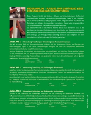 PROGRAMM XXi – PlANUNG UND eiNfÜhRUNG eiNeS
                            ORTSUNAbhäNGiGeN GeSAMTSySTeMS
                            Dieses Programm bündelt alle Hardware-, Software und Peripheriestrukturen, die für einen
                            ortsunabhängigen, schnellen, bequemen und leistungsstarken Zugang zu den Leistungen,
                            die am Strand von Palma zur Verfügung stehen werden, nötig sein werden. Dazu kommt die
                            Technologie zum Abfragen der notwendigen Informationen (Video, Audio, Temperatur, Lärm,
                            Luft- oder Wasserqualität u.a.) zur Erbringung dieser Leistungen.
                            Der Datenschutz wird ein wesentliches Merkmal dieses neuen Szenariums sein, da die
                            Identifizierung, Ortung und Konkretisierung von Gewohnheiten und Ortswechseln angestrebt
                            wird. Gleichzeitig ist ein Mindestmaß an Integration von Systemen und Informationsprotokollen
                            sowie Bildungs- und Anreizgrundsätze notwendig, damit sie sich weitgehend mit dem
                            technologischen Aufnahmevermögen der Bevölkerung decken.

Aktion.XXi.1. - Untersuchung, Gestaltung und entwicklung eines Kommunikations-netzes
Man will an dieser Stelle ein Kommunikationsnetz einführen, das den Unternehmen, Bürgern und Touristen den
ortsunabhängigen Zugriff zu den neuen Dienstleistungen ermöglich soll, wozu die entsprechend erforderliche
Kommunikationsinfrastruktur eingeführt werden muss.
Nach der Auswertung der derzeitigen Konnektivität oder Anschlussfähigkeit am Strand von Palma (aktuelle Zugänge
zu dem bestehenden Netz und Ausbaumöglichkeiten) wird das neue Kommunikationsnetz entwickelt und umgesetzt:
Empfang Mobilfunk, notwendige Faseranschlüsse und gewünschter offener Raum. Ein Aufsichtssystem soll die Qualität
gewährleisten. Wirtschaftliche Programmierung:
                        FRISTEN             2012               2015                2020               >2020
                        GESAMTINVESTITION   1.617.000 €        3.850.000 €         -€                 -€



Aktion.XXi.2. - Untersuchung, entwicklung und einführung des wandlernetzes
Ausgehend von der bereits entwickelten Kommunikationsstruktur wird das notwendige Wandlernetz für die Auswertung und
Verarbeitung der relevanten Informationen des Strands von Palma eingeführt. Dadurch sind Mehrwertleistungen auf der
Grundlage der Datennutzung möglich.
Zuvor müssen alle mess- bzw. kontrollierbaren Elemente ausgemacht werden: Bild- und Tonquellen, Temperatur, Feuchtigkeit,
CO2, Bewegung Einzelner oder von Gruppen zur Vereinheitlichung und Standardisierung des Zugangs zu den Signalen und
für ihre Verarbeitung.
                        FRISTEN             2012               2015                2020               >2020
                        GESAMTINVESTITION   -€                 1.155.000 €         1.155.000 €        -€



Aktion.XXi.3. - Untersuchung, entwicklung und einführung der Servicestruktur
Anvisiert ist die Entwicklung der notwendigen Infrastruktur für die Einbindung der verwendeten Hardware- und
Softwareelemente, um sowohl die Verfügbarkeit als auch die Qualität der bestehenden Leistungen sowie die Standardisierung
                                                                                                                            Platja de Palma / 223




und Öffnung der neu zu den technologischen Entwicklungen des Strands von Palma dazukommen, sicherzustellen. Das Ziel
dabei ist die Verwaltung des Informationseingangs, die Auswertung und Verarbeitung sowie der Art, in der die Leistungen
den Bürgern, Touristen und Unternehmen zur Verfügung gestellt werden. Wirtschaftliche Programmierung:
                        FRISTEN             2012               2015                2020               >2020
                        GESAMTINVESTITION   -€                 2.772.000 €         4.620.000 €        -€
 
