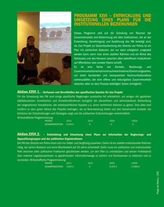 PROGRAMM XXvi – eNTwicKlUNG UND
                                                       UMSeTZUNG eiNeS PlANS fÜR Die
                                                       iNSTiTUTiONelleN beZiehUNGeN
                                                       Dieses Programm zielt auf die Gründung von Räumen der
                                                       Zusammenarbeit und Abstimmung mit allen Institutionen, die an der
                                                       Entwicklung, Genehmigung und Ausführung des PAI beteiligt sind,
                                                       ab. Das Projekt zur Gesamtaufwertung des Strands von Palma ist ein
                                                       Plan mit zahlreichen Akteuren, der nur dann erfolgreich umgesetzt
                                                       werden kann, wenn man einen stabilen Rahmen und ein Klima des
                                                       Vertrauens und des Konsens zwischen allen betroffenen Institutionen
                                                       auf öffentlicher oder privater Ebene schafft.
                                                       Es ist eine Reihe von Kontakt-, Beziehungs- und
                                                       Zusammenarbeitsmechanismen auf verschiedenen Ebenen vorgesehen,
                                                       um einen konstanten und transparenten Kommunikationsfluss
                                                       sicherzustellen, der eine offene und reibungslose Zusammenarbeit
                                                       zwischen allen an dem Prozess beteiligten Seiten ermöglicht.

Aktion.XXvi.1. – verfassen und beschließen der spezifischen Gesetze für das Projekt
Für die Umsetzung des PAI sind einige spezifische Regelungen juristischer Art erforderlich, um einigen der geplanten
städtebaulichen, touristischen und Umweltmaßnahmen bezüglich der steuerlichen und administrativen Behandlung
der vorgesehenen Investitionen, der arbeitsrechtlichen Aspekte u.a. einen rechtlichen Rahmen zu geben. Dies alles wird
insofern zu dem guten Ablauf des Projekts beitragen, als es Verantwortung bietet und das Gemeinwohl anstrebt, die
Kohärenz der Entscheidungen und Strategien zeigt und die politischen Entscheidungen vereinheitlicht.
Wirtschaftliche Programmierung:
                         FRISTEN             2012                  2015               2020                >2020
                         GESAMTINVESTITION   9.240 €               -€                 -€                  -€



Aktion.XXvi.2.          – entwicklung und Umsetzung eines Plans zur information der Regierungs- und
Oppositionsgruppen und der politischen Organisationen
Der PAI des Strands von Palma kann sich nur mittel- und langfristig auswirken. Daher ist ein stabiler institutioneller Rahmen
nötig, der seinen Bestand und seine Machbarkeit auf 20 Jahre sicherstellt. Dafür muss ein politischer und institutioneller
Pakt zwischen allen politischen Fraktionen geschlossen werden, um den Plan zu unterstützen und seinen Fortbestand
über mehrere Legislaturperioden zu gewährleisten, Informationswege zu sichern und Kontroversen zu erkennen und zu
vermeiden. Wirtschaftliche Programmierung:
                         FRISTEN             2012                  2015               2020                >2020
                         GESAMTINVESTITION   4.620 €               -€                 9.240 €             13.860 €
                                                                                                                                Platja de Palma / 229
 