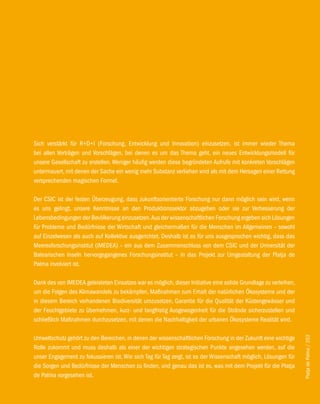 Sich verstärkt für R+D+I (Forschung, Entwicklung und Innovation) einzusetzen, ist immer wieder Thema
bei allen Vorträgen und Vorschlägen, bei denen es um das Thema geht, ein neues Entwicklungsmodell für
unsere Gesellschaft zu erstellen. Weniger häufig werden diese begründeten Aufrufe mit konkreten Vorschlägen
untermauert, mit denen der Sache ein wenig mehr Substanz verliehen wird als mit dem Hersagen einer Rettung
versprechenden magischen Formel.

Der CSIC ist der festen Überzeugung, dass zukunftsorientierte Forschung nur dann möglich sein wird, wenn
es uns gelingt, unsere Kenntnisse an den Produktionssektor abzugeben oder sie zur Verbesserung der
Lebensbedingungen der Bevölkerung einzusetzen. Aus der wissenschaftlichen Forschung ergeben sich Lösungen
für Probleme und Bedürfnisse der Wirtschaft und gleichermaßen für die Menschen im Allgemeinen – sowohl
auf Einzelwesen als auch auf Kollektive ausgerichtet. Deshalb ist es für uns ausgesprochen wichtig, dass das
Meeresforschungsinstitut (IMEDEA) – ein aus dem Zusammenschluss von dem CSIC und der Universität der
Balearischen Inseln hervorgegangenes Forschungsinstitut – in das Projekt zur Umgestaltung der Platja de
Palma involviert ist.

Dank des von IMEDEA geleisteten Einsatzes war es möglich, dieser Initiative eine solide Grundlage zu verleihen,
um die Folgen des Klimawandels zu bekämpfen, Maßnahmen zum Erhalt der natürlichen Ökosysteme und der
in diesem Bereich vorhandenen Biodiversität umzusetzen, Garantie für die Qualität der Küstengewässer und
der Feuchtgebiete zu übernehmen, kurz- und langfristig Ausgewogenheit für die Strände sicherzustellen und
schließlich Maßnahmen durchzusetzen, mit denen die Nachhaltigkeit der urbanen Ökosysteme Realität wird.

Umweltschutz gehört zu den Bereichen, in denen der wissenschaftlichen Forschung in der Zukunft eine wichtige
                                                                                                                  Platja de Palma / 253




Rolle zukommt und muss deshalb als einer der wichtigen strategischen Punkte angesehen werden, auf die
unser Engagement zu fokussieren ist. Wie sich Tag für Tag zeigt, ist es der Wissenschaft möglich, Lösungen für
die Sorgen und Bedürfnisse der Menschen zu finden, und genau das ist es, was mit dem Projekt für die Platja
de Palma vorgesehen ist.
 
