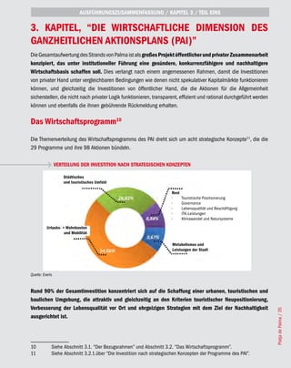 AUSFÜHRUNGSZUSAMMENFASSUNG / KAPITEL 3 / TEIL EINS

3. KAPITEL, “DIE WIRTSCHAFTLICHE DIMENSION DES
GANZHEITLICHEN AKTIONSPLANS (PAI)”
Die Gesamtaufwertung des Strands von Palma ist als großes Projekt öffentlicher und privater Zusammenarbeit
konzipiert, das unter institutioneller Führung eine gesündere, konkurrenzfähigere und nachhaltigere
Wirtschaftsbasis schaffen soll. Dies verlangt nach einem angemessenen Rahmen, damit die Investitionen
von privater Hand unter vergleichbaren Bedingungen wie denen nicht spekulativer Kapitalmärkte funktionieren
können, und gleichzeitig die Investitionen von öffentlicher Hand, die die Aktionen für die Allgemeinheit
sicherstellen, die nicht nach privater Logik funktionieren, transparent, effizient und rational durchgeführt werden
können und ebenfalls die ihnen gebührende Rückmeldung erhalten.

Das Wirtschaftsprogramm10
Die Themenverteilung des Wirtschaftsprogramms des PAI dreht sich um acht strategische Konzepte11, die die
29 Programme und ihre 98 Aktionen bündeln.

                 VERTEILUNG DER INVESTITION NACH STRATEGISCHEN KONZEPTEN

                    Städtisches
                    und touristisches Umfeld

                                                                       Rest
                                                                       •	     Touristische Positionierung
                                                                       •	     Governance
                                                                       •	     Lebensqualität und Beschäftigung
                                                                       •	     ITK-Leistungen
                                                                       •	     Klimawandel und Natursysteme

          Urlaubs- + Wohnbauten
                    und Mobilität

                                                                       Metabolismus und
                                                                       Leistungen der Stadt




Quelle: Everis


Rund 90% der Gesamtinvestition konzentriert sich auf die Schaffung einer urbanen, touristischen und
baulichen Umgebung, die attraktiv und gleichzeitig an den Kriterien touristischer Neupositionierung,
Verbesserung der Lebensqualität vor Ort und ehrgeizigen Strategien mit dem Ziel der Nachhaltigkeit
                                                                                                                      Platja de Palma / 35




ausgerichtet ist.




10           Siehe Abschnitt 3.1. “Der Bezugsrahmen” und Abschnitt 3.2. “Das Wirtschaftsprogramm”.
11           Siehe Abschnitt 3.2.1.über “Die Investition nach strategischen Konzepten der Programme des PAI”.
 