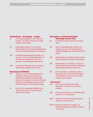 AUSFÜHRUNGSZUSAMMENFASSUNG / TEIL ZWEI




Metabolismus - Versorgungs - anlagen                       Informations- und Kommunikations
XV.      Eine Energieversorgung mit der “Bilanz Null-             Technologie Service (TIC)
         Emission” und 100% erneuerbarer Energien          XXI.      Ein integrales System planen und einsetzen
         entwerfen und einsetzen.                                    (Ubic)

XVI.     Ein Managementsystem für den urbanen              XXII.     Tools und Dienstleistungen entwerfen und
         Wasserkreislauf mit minimaler Umweltbelastung               einsetzen, mit denen die Produktivität und
         und höchster Effizienz entwerfen und einsetzen.             Wettbewerbsfähigkeit der Unternehmen erhöht
                                                                     werden.
XVII.    Ein Abfallmanagementsystem entwerfen und
         einsetzen, mit dem das Abfallaufkommen auf        XXIII.    Dienstleistungen und Tools als Support für das
         ein Minimum reduziert wird und ein “Null-                   Touristenaufkommen entwerfen und einsetzen
         Szenarium” für die Müllhalde verbunden ist.
                                                           XXIV.     Tools entwerfen und einsetzen, mit denen im
XVIII.   Einen Plan zur Verbesserung der akustischen                 erforderlichen Fall auf das Netz und öffentliche
         Kontamination entwerfen und umsetzen.                       Dienste Zugriff genommen werden kann.

Bebauung und Mobilität                                     XXV.      Einen Informations- und Kommunikations
XIX.     Einen Plan und ein Zertifizierungssystem für                Technologie Service (TIC) für Kommunikation
         die gesamte Sanierung (inkl. Neubauten)                     und Management des Plans und Prozesses
         der Touristenunterkünfte und Wohnanlagen                    entwerfen und anwenden
         erstellen und umsetzen, mit dem die mit diesen
         verbundene Umweltbelastung und die Anzahl         “Governance”
         der Touristenplätze um 50 % gesenkt werden.       XXVI.     Einen Plan für die Beziehung mit den
                                                                     Institutionen entwerfen und in die Praxis
XX.      Einen Plan für nachhaltige Mobilität mit der                umsetzen.
         “Bilanz Null-Emission” für den Nahverkehr
         erstellen und umsetzen.                           XXVII.    Einen Plan zum Aufbau von Sozialbeziehungen
                                                                     entwerfen und in Gang setzen.

                                                           XXVIII.   Einen weit reichenden Partizipationsprozess
                                                                                                                        Platja de Palma / 45




                                                                     konzipieren und unterstützen.

                                                           XXIX. Für das gesamte Projekt ein integrales und
                                                                     transparentes Managementsystem entwerfen
                                                                     und einsetzen.
 