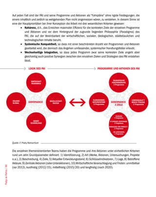 Auf jeden Fall sind der PAI und seine Programme und Aktionen als “Fahrpläne” ohne rigide Festlegungen, die
                       einem inhaltlich und zeitlich so weitgehenden Plan nicht angemessen wären, zu verstehen. In diesem Sinne ist
                       eine der Hauptprioritäten bei ihrer Konzeption die Arbeit mit drei wesentlichen Kriterien gewesen:
                              •	 Kohärenz, d.h., das Erreichen maximaler Effizienz für die konkreten Ziele der einzelnen Programme
                                 und Aktionen und vor dem Hintergrund der zugrunde liegenden Philosophie (Paradigma) des
                                 PAI, die auf der Vereinbarkeit der wirtschaftlichen, sozialen, ökologischen, städtebaulichen und
                                 technologischen Inhalte beruht.
                              •	 Systemische Kompaktheit, so dass mit einer beschränkten Anzahl von Programmen und Aktionen
                                 gearbeitet wird, die dennoch das Angehen umfassender, systemischer Handlungsfelder erlaubt.
                              •	 Wechselseitige Integration, so dass jedes Programm zwar seine konkreten Ziele angeht aber
                                 gleichzeitig auch positive Synergien zwischen den einzelnen Zielen und Strategien des PAI entstehen
                                 lässt.

                                       LOGIK DES PAI                                              PROGRAMME UND AKTIONEN DES PAI



                                          WIRTSCHAFT                                                             TOURISTISCHE
                                          TOURISMUS                                                             POSITIONIERUNG
                                                                                                                  3 Programme




                       KOLOGIE                                                                KLIMAWANDEL                             LEBENSQUALIT T
                                                        GESELLSCHAFT
                       GLOKAL          GOVERNANCE          KULTUR
                                                                                              NATURSYSTEME    GOBERNANCE              BESCH FTIGUNG
                                                                                               5 Programme       3 ZIELE                2 Programme




                                                                                                                    PLANUNG
                                                                                                                  4 Programme
                                            GEBIET                                                           ST DTISCHE LEISTUNGEN
                                         TECHNOLOGIE                                                               4 Programme
                                                                                                             BEBAUUNG UND MOBILIT T
                                                                                                                  2 Programme
                                                                                                                 ITK-LEISTUNGEN
                                                                                                                   4 Programme




                       Quelle: F. Prats/Konsortium


                       Die einzelnen themenorientierten Teams haben die Programme und ihre Aktionen unter einheitlichen Kriterien
                       rund um zehn Grundparameter definiert: 1) Identifizierung, 2) Art (Werke, Aktionen, Untersuchungen, Projekte
                       o.a.), 3) Beschreibung, 4) Ziele, 5) Aktueller Entwicklungsstand, 6) Schlüsselindikatoren, 7) Lage, 8) Betroffene
                       Akteure, 9) Zentrale Aktionen (oder Unteraktionen), 10) Wirtschaftliche Veranschlagung und Fristen: unmittelbar
Platja de Palma / 86




                       (vor 2012), kurzfristig (2012/15), mittelfristig (2015/20) und langfristig (nach 2020).
 