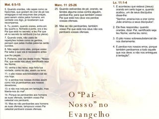 O “Pai-Nosso” no Evangelho Mat. 6:5-15 5. Quando orardes, não sejais como os hipócritas, que gostam de orar de pé nas sinagogas e nas esquinas das praças, para serem vistos pelos homens; em verdade vos digo, já receberam sua recompensa. 6. Tu, porém, quando orares, entra em teu quarto e, fechada a porta, ora a teu Pai que está no secreto; e teu Pai que vê no secreto te retribuirá (na luz plena). 7. Quando orais, não useis de repetições inúteis como os gentios, pensam que pelas muitas palavras serão ouvidos. 8. Não sejais como eles, porque vosso Pai sabe o que vos é necessário antes que lho peçais. 9. Portanto, orai vós deste modo: "Nosso Pai, que estás nos céus; santificado seja teu Nome; 10. venha o teu reino; seja feita tua vontade, como no céu, assim na terra; 11. o pão nosso sobressubstan-cial dá-nos hoje; 12. e perdoa-nos nossas dívidas assim como nós já perdoamos aos nossos devedores; 13. e não nos induzas em tentação, mas liberta-nos do mal". 14. Porque se perdoardes aos homens as suas ofensas, também vosso Pai celestial vos perdoará; 15. Mas se não perdoardes aos homens as suas ofensas, tampouco vosso Pai celestial perdoará vossas ofensas.   Marc. 11 :25-26 25. Quando estiverdes de pé, orando, se tendes alguma coisa contra alguém, perdoai-lha; para que também vosso Pai que está nos céus vos perdoe vossas ofensas. 26. Mas se não perdoardes, também vosso Pai que está nos céus não vos perdoará vossas ofensas.  Lc. 11:1-4 1. E aconteceu que estava (Jesus) orando em certo lugar e, quando acabou, um de seus discípulos disse-lhe: "Senhor, ensina-nos a orar como João ensinou a seus discípulos". 2. Ele lhes respondeu: quando orardes, dizei: Pai, santificado seja teu Nome; venha teu reino; 3. O pão nosso sobressubstancial dá-nos diariamente; 4. E perdoa-nos nossos erros, porque também perdoamos a todo aquele que nos deve; e não nos entregues à tentação".  