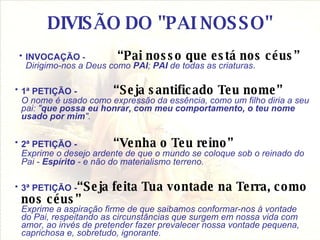 DIVISÃO DO "PAI NOSSO" INVOCAÇÃO  -    “Pai nosso que está nos céus” Dirigimo-nos a Deus como  PAI ;  PAI  de todas as criaturas .  1ª PETIÇÃO -    “Seja santificado Teu nome”   O nome é usado como expressão da essência, como um filho diria a seu pai: " que possa eu honrar, com meu comportamento, o teu nome usado por mim ".   2ª PETIÇÃO -    “Venha o Teu reino”   Exprime o desejo ardente de que o mundo se coloque sob o reinado do Pai -  Espírito  - e não do materialismo terreno.   3ª PETIÇÃO - “Seja feita Tua vontade na Terra, como nos céus” Exprime a aspiração firme de que saibamos conformar-nos à vontade do Pai, respeitando as circunstâncias que surgem em nossa vida com amor, ao invés de pretender fazer prevalecer nossa vontade pequena, caprichosa e, sobretudo, ignorante. 