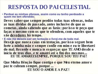 RESPOSTA DO PAI CELESTIAL Perdoai as minhas ofensas, assim como eu tenho perdoado a quem me tem ofendido;   Deves saber que sempre perdôo todas tuas ofensas, todas as tuas dívidas de passado, antes inclusive de que as cometas, ainda sabendo que as farás; por isso te peço que faças o mesmo com os que te ofendem, com aqueles que te são  devedores  há tempo.  E não me deixeis cair em tentação e livrai-me de todo mal.  Desejo que nunca caias em tentação, por isso segure bem forte a minha mão e sempre confie em mim e eu te libertarei do mal. Recorde e nunca te esqueças que TE AMO desde o início de teus dias, e te amarei até o fim dos mesmos...  EU TE AMAREI SEMPRE, PORQUE SOU TEU PAI ! Que Minha Bênção fique contigo e que Meu eterno amor e paz te cubram sempre, porque ... EU SOU O AMOR E A PAZ !   