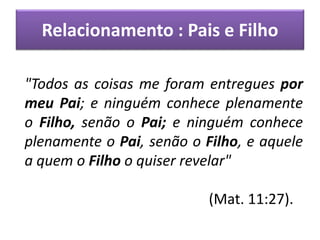 Relacionamento : Pais e Filho
"Todos as coisas me foram entregues por
meu Pai; e ninguém conhece plenamente
o Filho, senão o Pai; e ninguém conhece
plenamente o Pai, senão o Filho, e aquele
a quem o Filho o quiser revelar"
(Mat. 11:27).
 