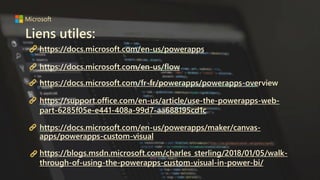 Liens utiles:
https://docs.microsoft.com/en-us/powerapps/
https://docs.microsoft.com/en-us/flow/
https://docs.microsoft.com/fr-fr/powerapps/powerapps-overview
https://support.office.com/en-us/article/use-the-powerapps-web-
part-6285f05e-e441-408a-99d7-aa688195cd1c
https://docs.microsoft.com/en-us/powerapps/maker/canvas-
apps/powerapps-custom-visual
https://blogs.msdn.microsoft.com/charles_sterling/2018/01/05/walk-
through-of-using-the-powerapps-custom-visual-in-power-bi/
 