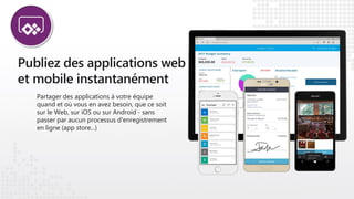 Partager des applications à votre équipe
quand et où vous en avez besoin, que ce soit
sur le Web, sur iOS ou sur Android - sans
passer par aucun processus d'enregistrement
en ligne (app store...)
 