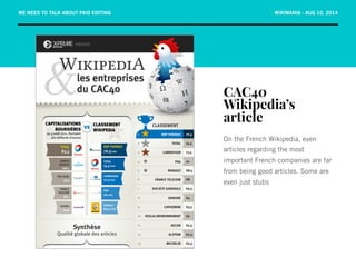 WE NEED TO TALK ABOUT PAID EDITING WIKIMANIA - AUG 10, 2014 
CAC40 
Wikipedia’s 
article 
On the French Wikipedia, even 
a...