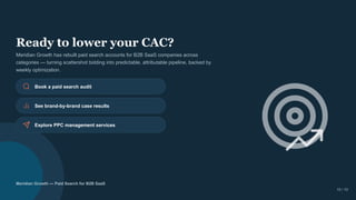 Ready to lower your CAC?
Meridian Growth has rebuilt paid search accounts for B2B SaaS companies across
categories — turning scattershot bidding into predictable, attributable pipeline, backed by
weekly optimization.
Book a paid search audit
See brand-by-brand case results
Explore PPC management services
Meridian Growth — Paid Search for B2B SaaS
10 / 10
 