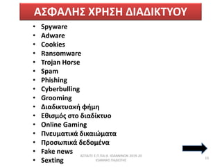 ΑΣΦΑΛΗΣ Χ΢ΗΣΗ ΔΙΑΔΙΚΤΥΟΥ
• Spyware
• Adware
• Cookies
• Ransomware
• Trojan Horse
• Spam
• Phishing
• Cyberbulling
• Groom...