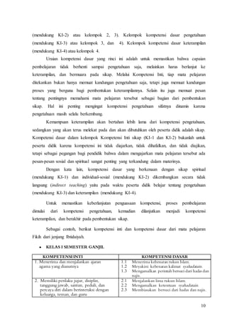 10
(mendukung KI-2) atau kelompok 2, 3). Kelompok kompetensi dasar pengetahuan
(mendukung KI-3) atau kelompok 3, dan 4). Kelompok kompetensi dasar keterampilan
(mendukung KI-4) atau kelompok 4.
Uraian kompetensi dasar yang rinci ini adalah untuk memastikan bahwa capaian
pembelajaran tidak berhenti sampai pengetahuan saja, melainkan harus berlanjut ke
keterampilan, dan bermuara pada sikap. Melalui Kompetensi Inti, tiap mata pelajaran
ditekankan bukan hanya memuat kandungan pengetahuan saja, tetapi juga memuat kandungan
proses yang berguna bagi pembentukan keterampilannya. Selain itu juga memuat pesan
tentang pentingnya memahami mata pelajaran tersebut sebagai bagian dari pembentukan
sikap. Hal ini penting mengingat kompetensi pengetahuan sifatnya dinamis karena
pengetahuan masih selalu berkembang.
Kemampuan keterampilan akan bertahan lebih lama dari kompetensi pengetahuan,
sedangkan yang akan terus melekat pada dan akan dibutuhkan oleh peserta didik adalah sikap.
Kompetensi dasar dalam kelompok Kompetensi Inti sikap (KI-1 dan KI-2) bukanlah untuk
peserta didik karena kompetensi ini tidak diajarkan, tidak dihafalkan, dan tidak diujikan,
tetapi sebagai pegangan bagi pendidik bahwa dalam mengajarkan mata pelajaran tersebut ada
pesan-pesan sosial dan spiritual sangat penting yang terkandung dalam materinya.
Dengan kata lain, kompetensi dasar yang berkenaan dengan sikap spiritual
(mendukung KI-1) dan individual-sosial (mendukung KI-2) dikembangkan secara tidak
langsung (indirect teaching) yaitu pada waktu peserta didik belajar tentang pengetahuan
(mendukung KI-3) dan keterampilan (mendukung KI-4).
Untuk memastikan keberlanjutan penguasaan kompetensi, proses pembelajaran
dimulai dari kompetensi pengetahuan, kemudian dilanjutkan menjadi kompetensi
keterampilan, dan berakhir pada pembentukan sikap.
Sebagai contoh, berikut kompetensi inti dan kompetensi dasar dari mata pelajaran
Fikih dari jenjang Ibtidaiyah.
 KELAS I SEMESTER GANJIL
KOMPETENSI INTI KOMPETENSI DASAR
1. Menerima dan menjalankan ajaran
agama yang dianutnya
1.1 Menerima kebenaran rukun Islam.
1.2 Meyakini kebenaran kalimat syahadatain.
1.3 Mengamalkan perintah bersuci dari hadas dan
najis.
2. Memiliki perilaku jujur, disiplin,
tanggung jawab, santun, peduli, dan
percaya diri dalam berinteraksi dengan
keluarga, teman, dan guru
2.1 Menjalankan lima rukun Islam.
2.2 Mengamalkan ketentuan syahadatain.
2.3 Membiasakan bersuci dari hadas dan najis.
 