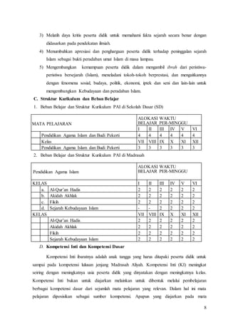 8
3) Melatih daya kritis peserta didik untuk memahami fakta sejarah secara benar dengan
didasarkan pada pendekatan ilmiah.
4) Menumbuhkan apresiasi dan penghargaan peserta didik terhadap peninggalan sejarah
Islam sebagai bukti peradaban umat Islam di masa lampau.
5) Mengembangkan kemampuan peserta didik dalam mengambil ibrah dari peristiwa-
peristiwa bersejarah (Islam), meneladani tokoh-tokoh berprestasi, dan mengaitkannya
dengan fenomena sosial, budaya, politik, ekonomi, iptek dan seni dan lain-lain untuk
mengembangkan Kebudayaan dan peradaban Islam.
C. Struktur Kurikulum dan Beban Belajar
1. Beban Belajar dan Struktur Kurikulum PAI di Sekolah Dasar (SD)
MATA PELAJARAN
ALOKASI WAKTU
BELAJAR PER-MINGGU
I II III IV V VI
Pendidikan Agama Islam dan Budi Pekerti 4 4 4 4 4 4
Kelas VII VIII IX X XI XII
Pendidikan Agama Islam dan Budi Pekerti 3 3 3 3 3 3
2. Beban Belajar dan Struktur Kurikulum PAI di Madrasah
Pendidikan Agama Islam
ALOKASI WAKTU
BELAJAR PER-MINGGU
KELAS I II III IV V VI
a. Al-Qur’an Hadis 2 2 2 2 2 2
b. Akidah Akhlak 2 2 2 2 2 2
c. Fikih 2 2 2 2 2 2
d. Sejarah Kebudayaan Islam - - 2 2 2 2
KELAS VII VIII IX X XI XII
Al-Qur’an Hadis 2 2 2 2 2 2
Akidah Akhlak 2 2 2 2 2 2
Fikih 2 2 2 2 2 2
Sejarah Kebudayaan Islam 2 2 2 2 2 2
D. Kompetensi Inti dan Kompetensi Dasar
Kompetensi Inti ibaratnya adalah anak tangga yang harus ditapaki peserta didik untuk
sampai pada kompetensi lulusan jenjang Madrasah Aliyah. Kompetensi Inti (KI) meningkat
seiring dengan meningkatnya usia peserta didik yang dinyatakan dengan meningkatnya kelas.
Kompetensi Inti bukan untuk diajarkan melainkan untuk dibentuk melalui pembelajaran
berbagai kompetensi dasar dari sejumlah mata pelajaran yang relevan. Dalam hal ini mata
pelajaran diposisikan sebagai sumber kompetensi. Apapun yang diajarkan pada mata
 