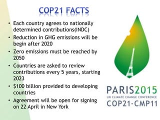 • Each country agrees to nationally
determined contributions(INDC)
• Reduction in GHG emissions will be
begin after 2020
• Zero emissions must be reached by
2050
• Countries are asked to review
contributions every 5 years, starting
2023
• $100 billion provided to developing
countries
• Agreement will be open for signing
on 22 April in New York
 