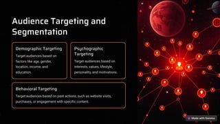 Audience Targeting and
Segmentation
Demographic Targeting
Target audiences based on
factors like age, gender,
location, income, and
education.
Psychographic
Targeting
Target audiences based on
interests, values, lifestyle,
personality, and motivations.
Behavioral Targeting
Target audiences based on past actions, such as website visits,
purchases, or engagement with specific content.
 