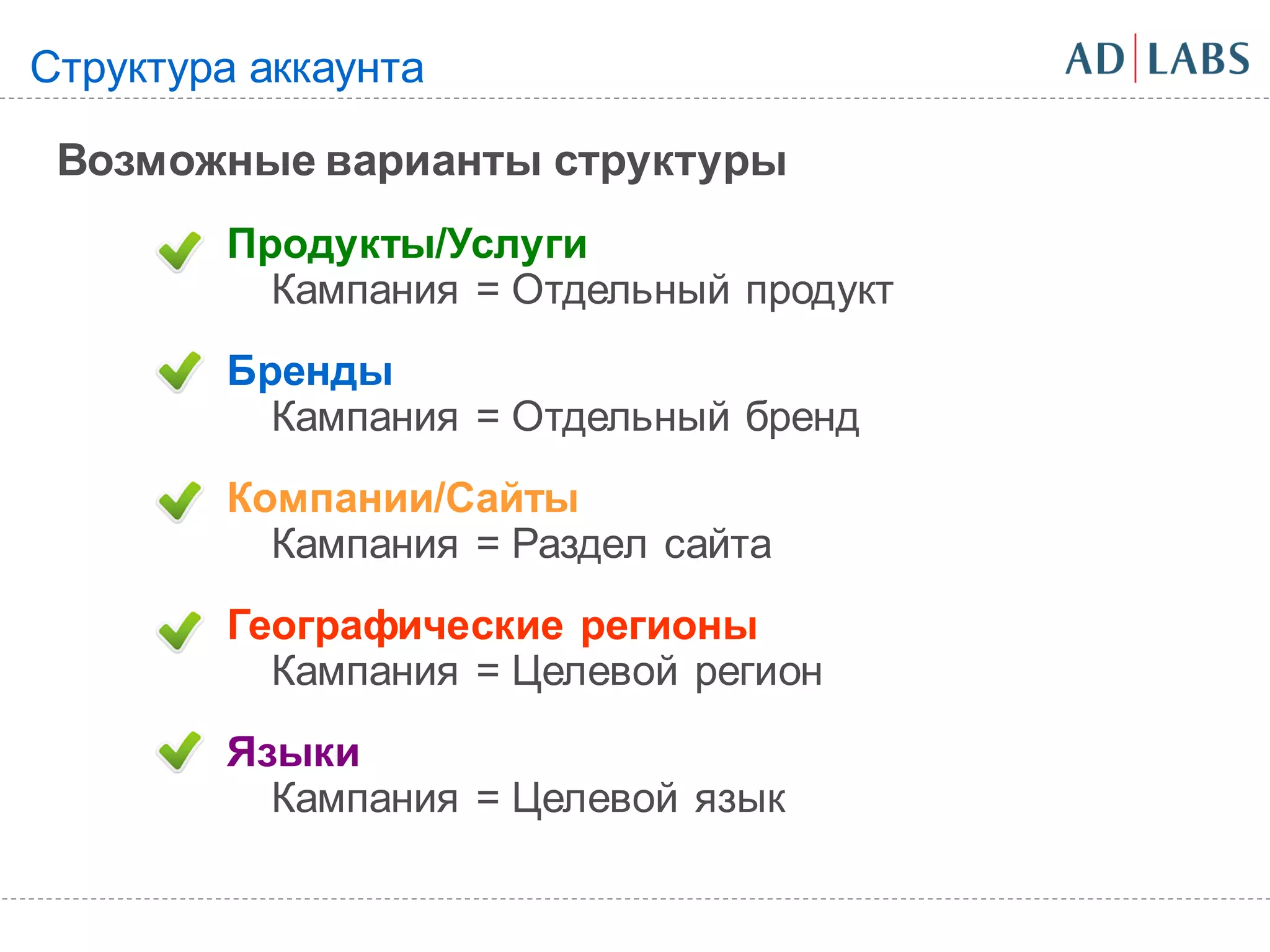 Структура аккаунта

 Возможные варианты структуры
        Продукты/Услуги
          Кампания = Отдельный продукт
        Бренды
          Кампания = Отдельный бренд
        Компании/Сайты
          Кампания = Раздел сайта
        Географические регионы
          Кампания = Целевой регион
        Языки
          Кампания = Целевой язык
 