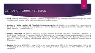 Campaign Launch Strategy
 Goal: Increase admissions to “Medical University of the Americas” by running Paid Socil campaig...