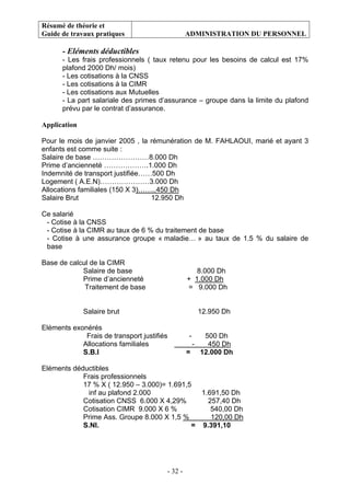 Résumé de théorie et
Guide de travaux pratiques ADMINISTRATION DU PERSONNEL
- 32 -
- Eléments déductibles
- Les frais professionnels ( taux retenu pour les besoins de calcul est 17%
plafond 2000 Dh/ mois)
- Les cotisations à la CNSS
- Les cotisations à la CIMR
- Les cotisations aux Mutuelles
- La part salariale des primes d’assurance – groupe dans la limite du plafond
prévu par le contrat d’assurance.
Application
Pour le mois de janvier 2005 , la rémunération de M. FAHLAOUI, marié et ayant 3
enfants est comme suite :
Salaire de base ……………………8.000 Dh
Prime d’ancienneté ……………….1.000 Dh
Indemnité de transport justifiée……500 Dh
Logement ( A.E.N)…………………3.000 Dh
Allocations familiales (150 X 3)……..450 Dh
Salaire Brut 12.950 Dh
Ce salarié
- Cotise à la CNSS
- Cotise à la CIMR au taux de 6 % du traitement de base
- Cotise à une assurance groupe « maladie… » au taux de 1.5 % du salaire de
base
Base de calcul de la CIMR
Salaire de base 8.000 Dh
Prime d’ancienneté + 1.000 Dh
Traitement de base = 9.000 Dh
Salaire brut 12.950 Dh
Eléments exonérés
Frais de transport justifiés - 500 Dh
Allocations familiales - 450 Dh
S.B.I = 12.000 Dh
Eléments déductibles
Frais professionnels
17 % X ( 12.950 – 3.000)= 1.691,5
inf au plafond 2.000 1.691,50 Dh
Cotisation CNSS 6.000 X 4,29% 257,40 Dh
Cotisation CIMR 9.000 X 6 % 540,00 Dh
Prime Ass. Groupe 8.000 X 1,5 % 120,00 Dh
S.NI. = 9.391,10
 