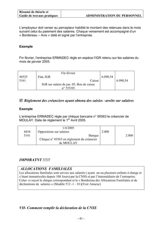 Résumé de théorie et
Guide de travaux pratiques ADMINISTRATION DU PERSONNEL
- 41 -
L’employeur doit verser au percepteur habilité le montant des retenues dans le mois
suivant celui du paiement des salaires. Chaque versement est accompagné d’un
« Bordereau – Avis » daté et signé par l’entreprise.
Exemple
Fin février, l’entreprise ERMADEC règle en espèce l’IGR retenu sur les salaires du
mois de janvier 2005.
44525
5161
Fin février
Etat, IGR
Caisse
IGR sur salaire de jan. 05, Bon de caisse
n° 555/05
6.090,54
6.090,54
Règlement des créanciers ayant obtenu des saisies –arrêts sur salaires
Exemple
L’entreprise ERMADEC règle par chèque bancaire n° 85563 le créancier de
MOULAY. Date de règlement le 1er
Avril 2005.
4434
5141
1/4/2005
Oppositions sur salaires
Banque
Chèque n° 85563 en règlement du créancier
de MOULAY
2.000
2.000
IMPORATNT !!!!!
ALLOCATIONS FAMILIALES
Les allocations familiales sont servies aux salariés ( ayant un ou plusieurs enfants à charge et
s’étant immatriculés depuis 108 Jours) par la CNSS et par l’intermédiaire de l’entreprise.
Celui- ci reçoit le chèque correspondant et le « Bordereau des Allocations Familiales et de
déclarations de salaires » (Modèle 512 -1 – 01)(Voir Annexe)
VII- Comment remplir la déclaration de la CNSS
 