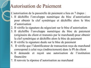 Autorisation de Paiement
L’autorisation de la passerelle de paiement a lieu en 7 étapes :
1. Il déchiffre l’enveloppe numérique du bloc d’autorisation
pour obtenir la clef symétrique et déchiffre alors le bloc
d’autorisation
2. Il vérifie la signature du négociant sur le bloc d’autorisation
3. Il déchiffre l’enveloppe numérique du bloc de paiement
(originaire du client et transmis par le marchand) pour obtenir
la clef symétrique et déchiffre alors le bloc de paiement
4. Il vérifie la signature duale sur le bloc de paiement
5. Il vérifie que l’identificateur de transaction reçu du marchand
correspond à celui reçu (indirectement) dans le PI du client
6. Il demande et reçoit une autorisation de l’institution
financière
7. Il renvoie la réponse d’autorisation au marchand
 
