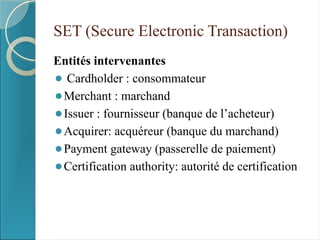 SET (Secure Electronic Transaction)
Entités intervenantes
⚫ Cardholder : consommateur
⚫Merchant : marchand
⚫Issuer : fournisseur (banque de l’acheteur)
⚫Acquirer: acquéreur (banque du marchand)
⚫Payment gateway (passerelle de paiement)
⚫Certification authority: autorité de certification
 