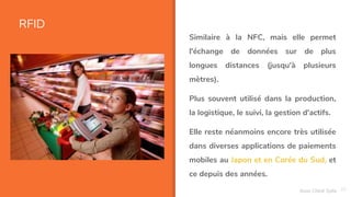 RFID
20
Similaire à la NFC, mais elle permet
l'échange de données sur de plus
longues distances (jusqu'à plusieurs
mètres).
Plus souvent utilisé dans la production,
la logistique, le suivi, la gestion d'actifs.
Elle reste néanmoins encore très utilisée
dans diverses applications de paiements
mobiles au Japon et en Corée du Sud, et
ce depuis des années.
Assa Chloé Sylla
 