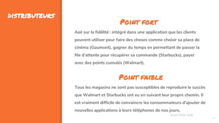 43
distributeurs
Assa Chloé Sylla
Point fort
Axé sur la fidélité : intégré dans une application que les clients
peuvent utiliser pour faire des choses comme choisir sa place de
cinéma (Gaumont), gagner du temps en permettant de passer la
file d’attente pour récupérer sa commande (Starbucks), payer
avec des points cumulés (Walmart).
Point faible
Tous les magasins ne sont pas susceptibles de reproduire le succès
que Walmart et Starbucks ont eu en suivant leur propre chemin. Il
est vraiment difficile de convaincre les consommateurs d'ajouter de
nouvelles applications à leurs téléphones de nos jours.
 